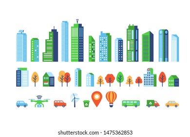 Smart city elements with modern buildings and network connection for graphics design. Vector illustration