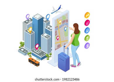 Smart City Exhibition. Woman using interactive touchscreen display with virtual map. Isometric town map with GPS navigation mobile application, Traveling Navigation, interactive city navigation.