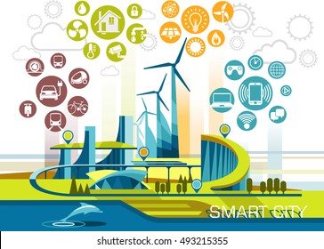 smart city flat. cityscape background with different icon and elements. eco friendly technologies.