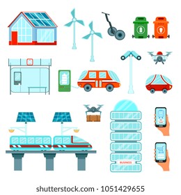 Smart city flat icons set with helicopter delivery solar battery windmills schedule of transport and online buy applications on smartphone screens vector illustration  
