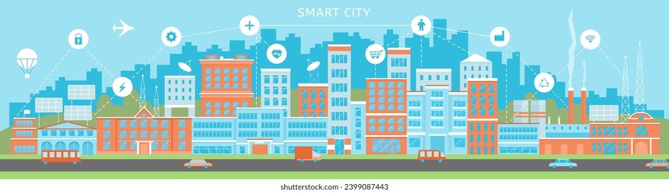 Smart city flat scene. Skyscraper and office buildings, apartments and road with transport. Technologies and urbanization, digital town decent vector landscape