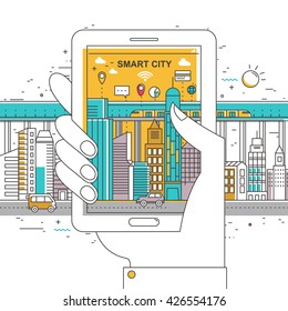smart city flat thin line design illustration - a hand holding mobile phone