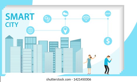 Smart City. Flat Tiny Urban City Data Collection Persons Concept. Mobile Wireless Communication With Town Water, Transport And Energy Infrastructure. Vector Illustration, Vector.