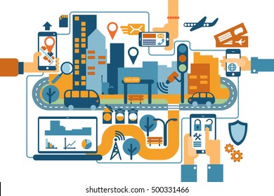 smart city flat vector illustration. cityscape background with different icon and elements. mobile phone control