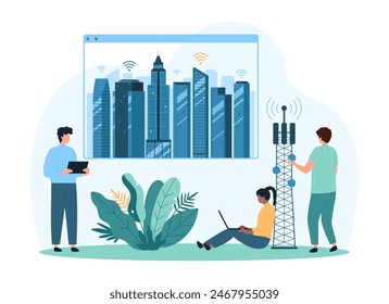 Ville intelligente de l'avenir avec des bâtiments et la tour de la station de base 5G. Des personnes minuscules contrôlent le signal sans fil de l'antenne de télécommunication et du transcepteur pour les gratte-ciel bande dessinée  illustration vectorielle