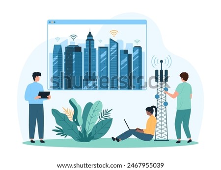 Smart city of future with buildings and 5G base station tower. Tiny people control internet wireless signal of telecommunication antenna and transceiver to skyscrapers cartoon vector illustration