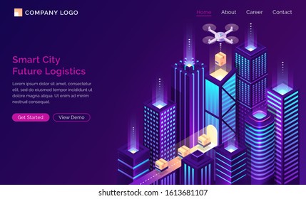 Smart City Future Logistic Isometric Landing Page. Drone Delivery Cargo On Conveyor Belt At Modern Neon Buildings. Goods Transportation Service, Export, Import Trade 3d Vector Illustration, Web Banner