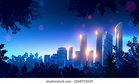 Smart city of future on horizon. View of the city landscape from forest. Skyscrapers made of glass in the rays of sun in morning or evening. Futuristic urban landscape with clear heaven.