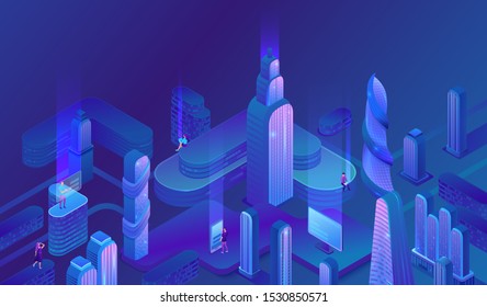 Smart city futuristic isometric city vector illustration. night neon skyscraper. future trends concept. modern business center.