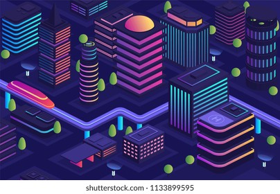 Smart city in futuristic style, city of future. Business center, housing urban buildings with skyscrapers, modern urban transport skyway, data transmission technologies throughout the city.