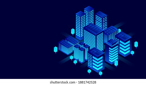 Smart city in a futuristic style. Isometric smart city illustration. Intelligent buildings. Business center with skyscrapers and intelligent buildings