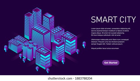 Smart city in a futuristic style. Isometric smart city illustration. Intelligent buildings. Business center with skyscrapers and intelligent buildings