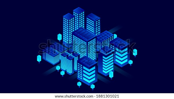 Smart city in a futuristic style.\
Isometric smart city illustration. Intelligent buildings. Business\
center with skyscrapers and intelligent\
buildings