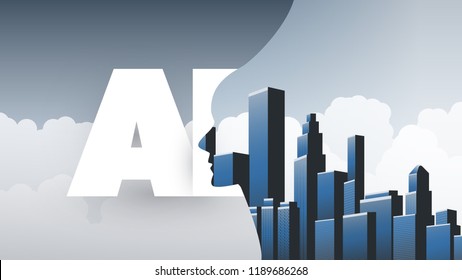 Smart City, Global AI Assistance, Automated Support, Digital Aid, Deep Learning and Future Technology Concept Design with City Skyline and Human Head - Vector Illustration