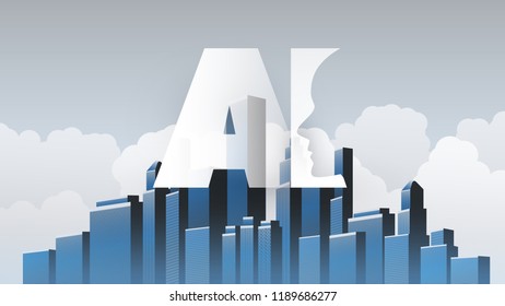 Smart City, Global AI Assistance, Automated Support, Digital Aid, Deep Learning and Future Technology Concept Design with City Skyline and Human Head - Vector Illustration