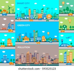 Smart city, Green City, Pollution. Set. Vector illustration