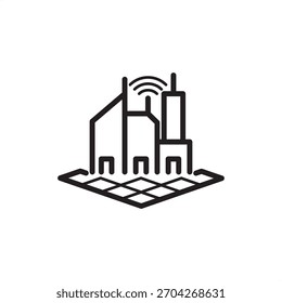 Icono de cuadrícula de ciudad inteligente. Cuenta con edificios en una red con una señal inalámbrica. Representa infraestructura urbana conectada, IoT, gestión inteligente, intercambio de datos y futuras telecomunicaciones.