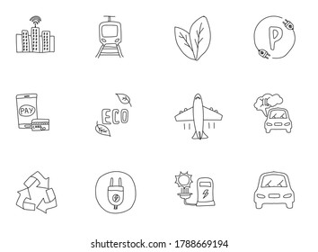 doodles lineales dibujados a mano en ciudades inteligentes aislados en fondo blanco.conjunto de iconos de ciudad inteligente para diseño web y ui, aplicaciones móviles y productos de impresión