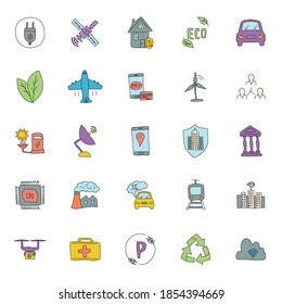 smarte, von der Stadt handgezeichnete lineare Vektorsymbole einzeln auf weißem Hintergrund. intelligentes City-Doodle-Symbol für Web- und i-Design, mobile Apps und Printprodukte
