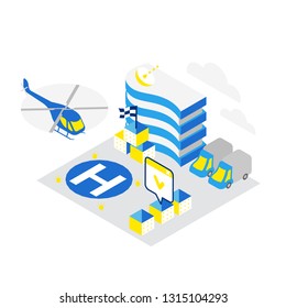 Smart city. Helicopter helipad data infrastructure isometric concept technology. Internet cloud storage heliport. Blue and yellow colors.