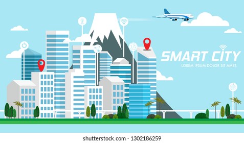 Smart city, high tech: landscape city centre with many building tower with airplane/plane is flying in the sky and Mount Fuji in the background