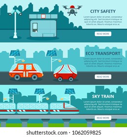Smart city horizontal banners set with futuristic transport images city skyline text and read more button vector illustration