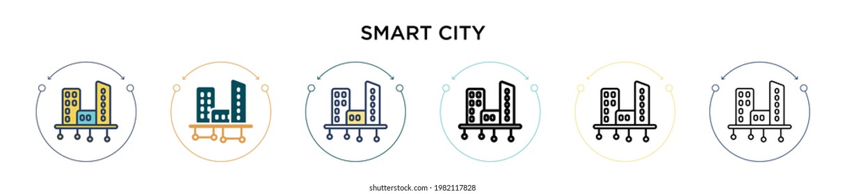Smart city icon in filled, thin line, outline and stroke style. Vector illustration of two colored and black smart city vector icons designs can be used for mobile, ui, web