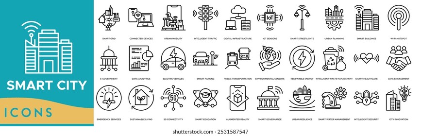 Icono de Smart City. Red inteligente, dispositivos conectados, movilidad Urbana, tráfico inteligente e infraestructura digital