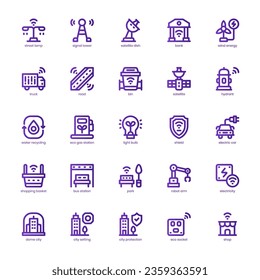 Smart City Icon Pack für Ihre Website, Ihr Handy, Ihre Präsentation und Ihr Logo-Design. Intelligente City Symbol-Farbverlauf-Linie Design. Vektorgrafik-Illustration und bearbeitbarer Strich.