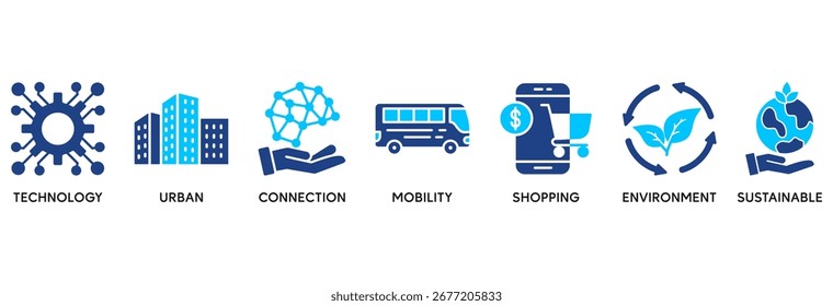 Smart city icon set in Blue style Flat vector illustration concept relate to technology, urban, connection, mobility, shopping, environment and sustainable