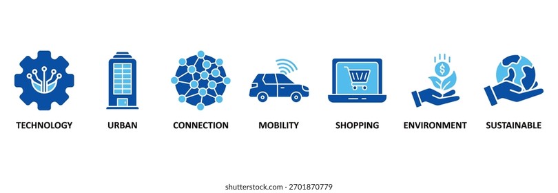 Smart city icon set In Blue Style vector illustration for technology, urban, connection, mobility, shopping, environment and sustainable