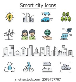 Smart city icon set in color line style