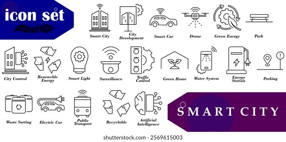 Smart City icon set designed in a futuristic and minimalist style, this icon set is ideal for design projects related to urban technology, sustainability, and digital innovation.