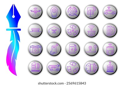Smart City icon set designed in a futuristic and minimalist style, with gradient style, ideal for urban technology, sustainability, and digital innovation.