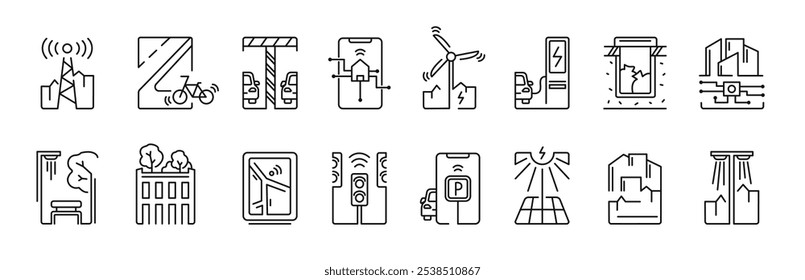 Conjunto de ícones de cidade inteligente. Digital urbano, infraestrutura, energia verde, ícones de linha de transporte elétrico. Ilustração vetorial.