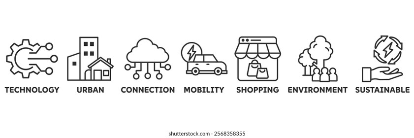 Smart City icon set illustration concept with icon of technology, urban, connection, mobility, shopping, environment, sustainable