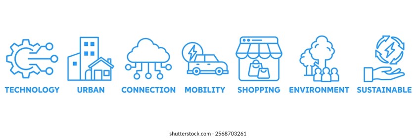 Smart City icon set illustration concept with icon of technology, urban, connection, mobility, shopping, environment, sustainable