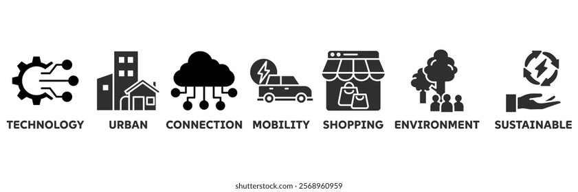 Smart City icon set illustration concept with icon of technology, urban, connection, mobility, shopping, environment, sustainable	