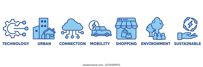 Smart City icon set illustration concept with icon of technology, urban, connection, mobility, shopping, environment, sustainable