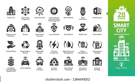 Smart City Icon Set With Infrastructure Efficiency Technology, Future Digital Urban, Autonomous Building And Home, Internet Of Things, Cloud Computing, Innovation Business And Transport Glyph Symbols.