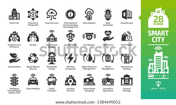 Smart city icon set with infrastructure\
efficiency technology, future digital urban, autonomous building\
and home, internet of things, cloud computing, innovation business\
and transport glyph\
symbols.
