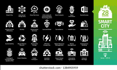 Smart city icon set on a black background with infrastructure efficiency, future digital urban, autonomous building and home, internet of things, information & communication technology ICT glyph sign.