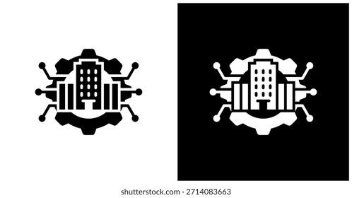 Icono De Ciudad Inteligente Fijado En Fondo Blanco Y Negro