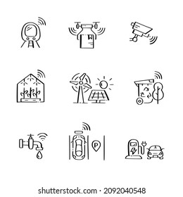 Los iconos de la ciudad inteligente se configuran. CCTV, entrega de drones, estacionamiento inteligente y gestión del tráfico, fuentes de energía sostenibles. Estilo Doodle