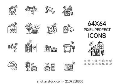 Los iconos de la ciudad inteligente se configuran. CCTV, entrega de drones, estacionamiento inteligente y gestión del tráfico, fuentes de energía sostenibles. Trazo de píxeles perfecto, editable