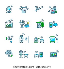 Los iconos de la ciudad inteligente se configuran. CCTV, entrega de drones, estacionamiento inteligente y gestión del tráfico, fuentes de energía sostenibles. Trazo de píxeles perfecto, editable