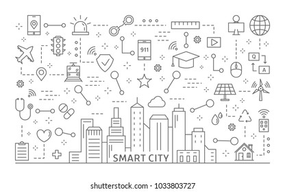 Smart City Icons Set. Line Art And Illustrations.