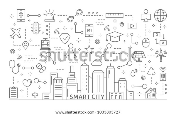 Smart city\
icons set. Line art and\
illustrations.
