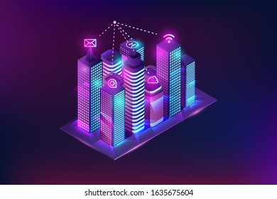 Smart city illustration concept with smart buildings. Neon night smart city with internet icons