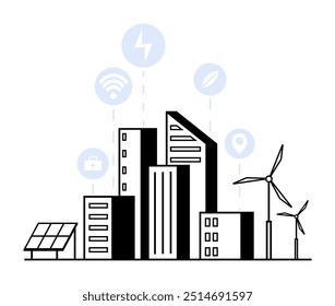 Smart city illustration featuring buildings, renewable energy like wind and solar, and technology icons. Relevant to urban planning, energy efficiency, IoT, and sustainable living topics.